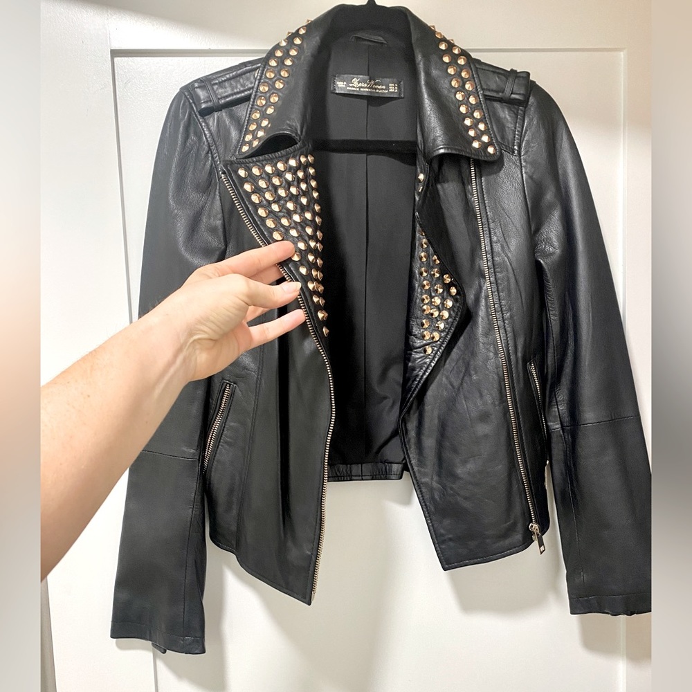 EUC ZARA gold studded leather jacket!! Stunning! Medium.